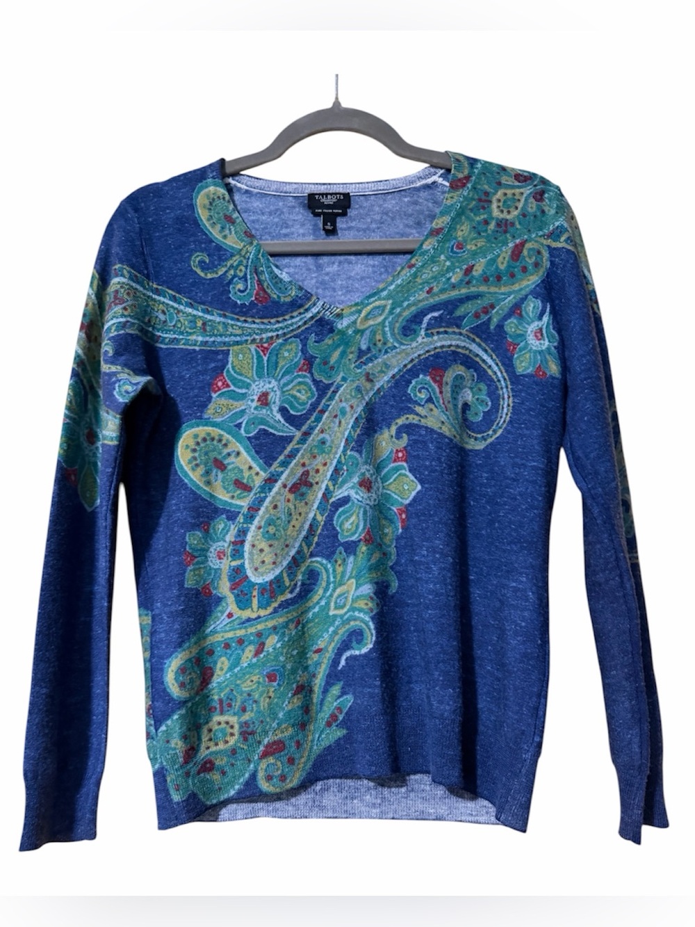 Talbots Petites 100% Italian Merino Wool Paisley V-Neck Sweater Small Blue